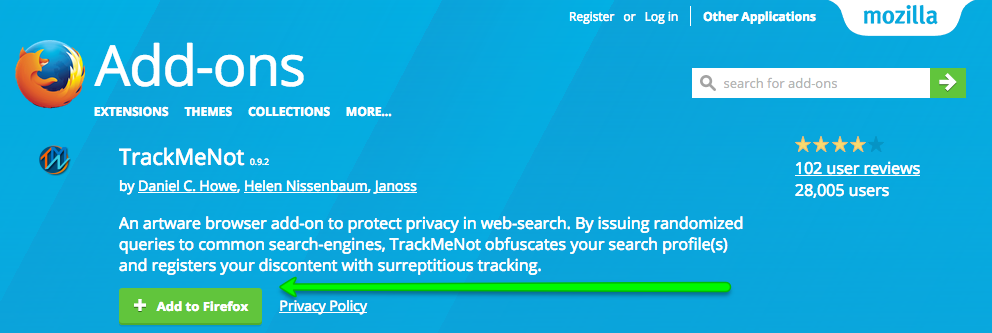 TrackMeNot addons.mozilla.org Screenshot